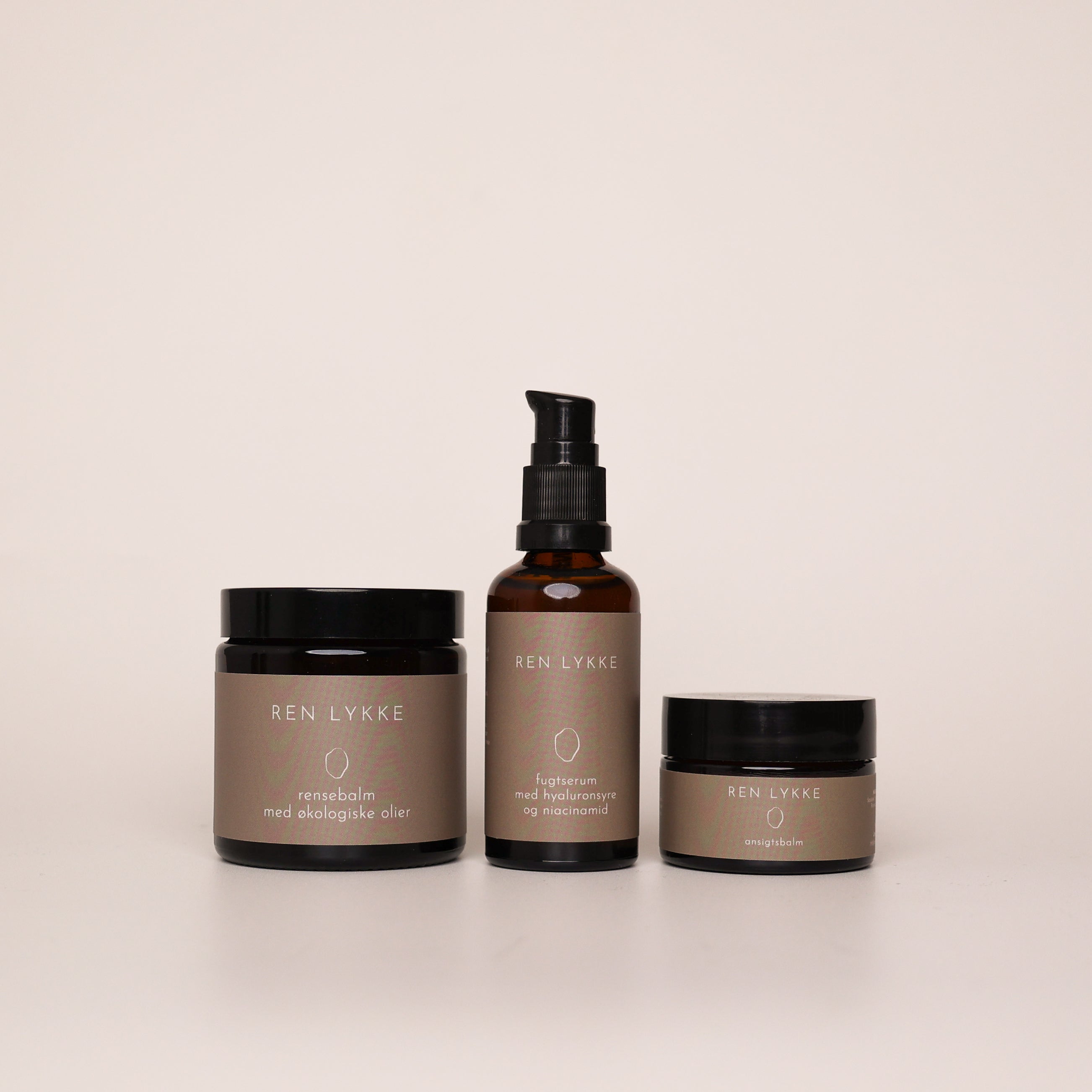 Pakke ansigtsplejerutine med rensebalm, fugtserum og ansigtsbalm fra Ren Lykke