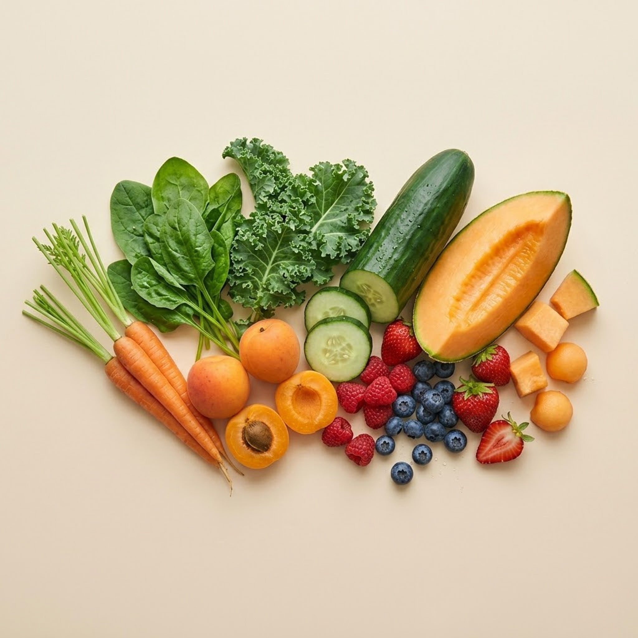 Frugt og grøntsager: gulerødder, spinat, grønkål, agurk, cantaloupe, abrikoser, bær