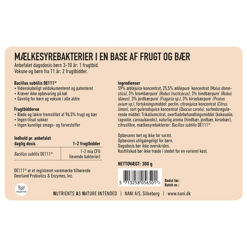 Nani mælkesyrebakterier i en base af frugt og bær - etiket