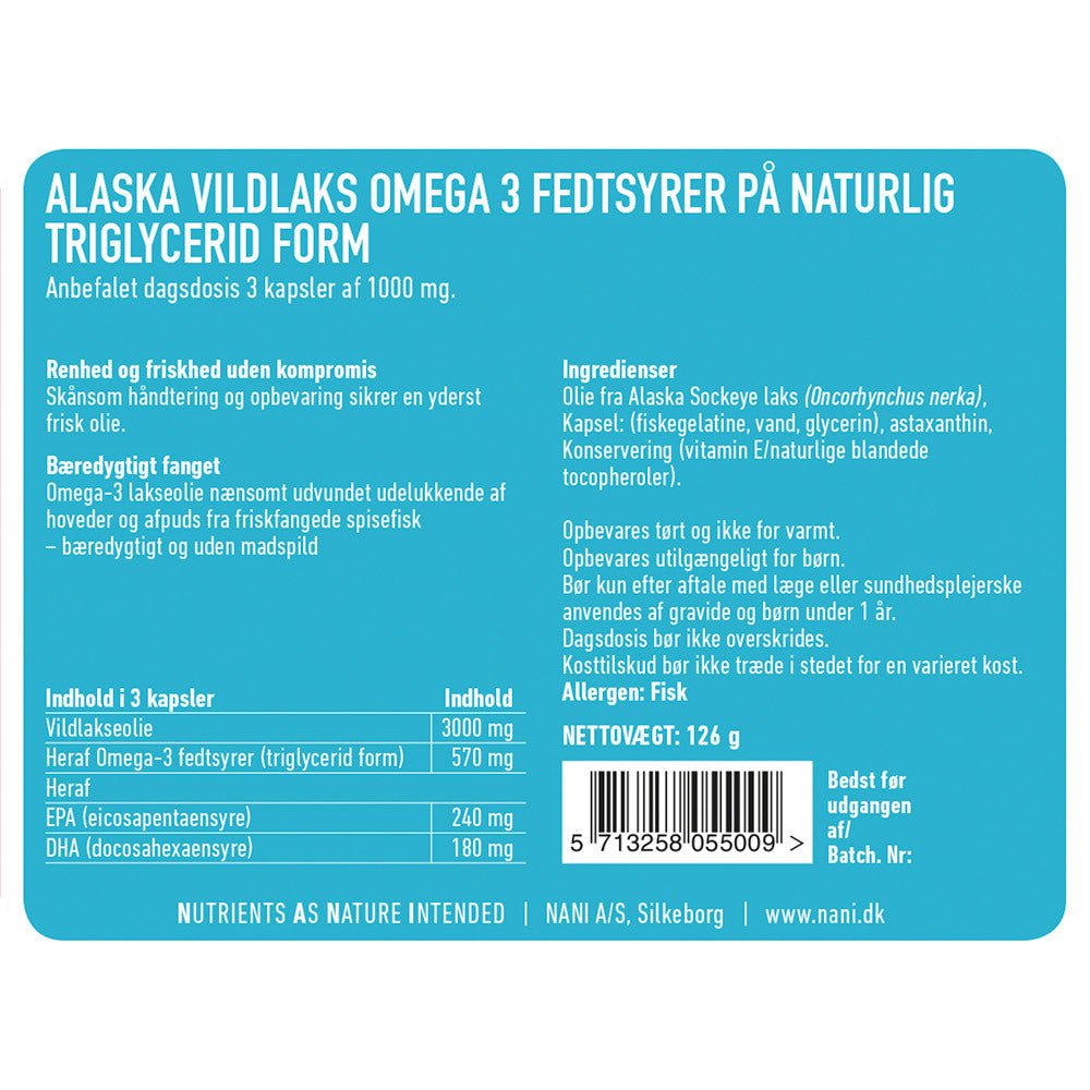 Nani alaska vildlaks omega 3 fiskeolie etiket