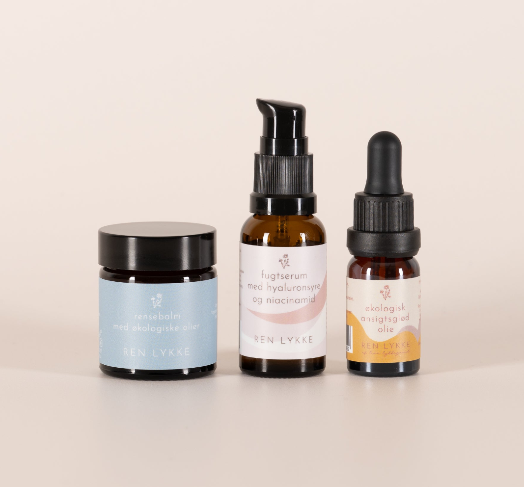 Startpakke REN LYKKE hudpleje med rensebalm, fugtserum og ansigtsglød olie